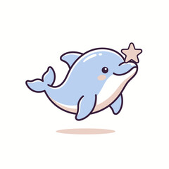Naklejka premium Cute blue dolphin playing with a small starfish