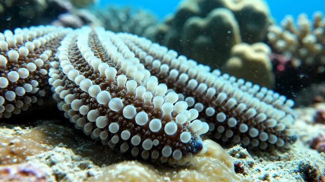Macro shot of granular starfish arm moving slowly on sandy seabed reef ecosystem