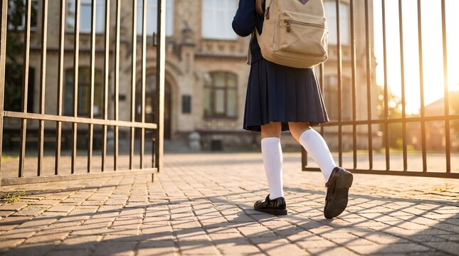 Young schoolgirl carrying backpack walking through open campus gates toward school building at sunset