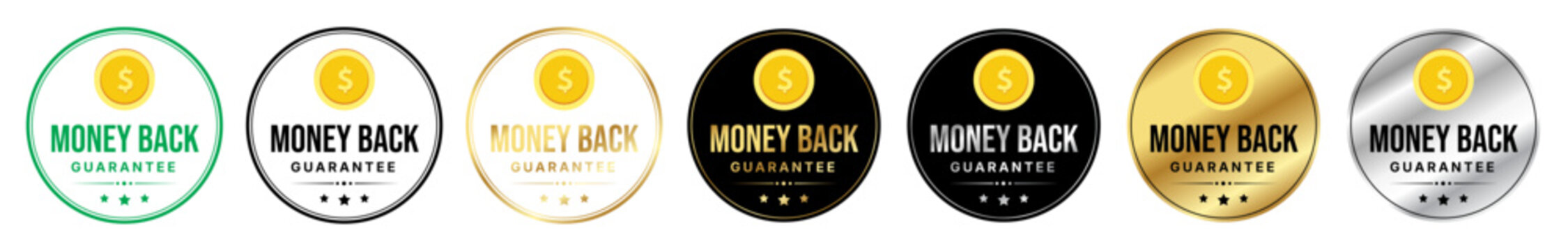Money Back Guarantee Badge Set Gold Silver Black Green Premium Refund Label Collection for Business