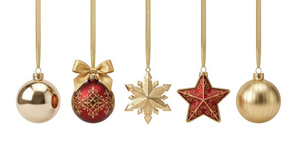 Fototapeta premium Five hanging christmas tree ornaments with gold and red colors isolated on transparent background