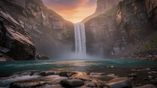 Firefly illuminated tranquil waterfall and peaceful nature scene with lush greenery and serene water pool