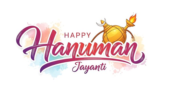 Happy Hanuman Jayanti festive greeting card design with traditional mace weapon symbol and elegant colorful typography