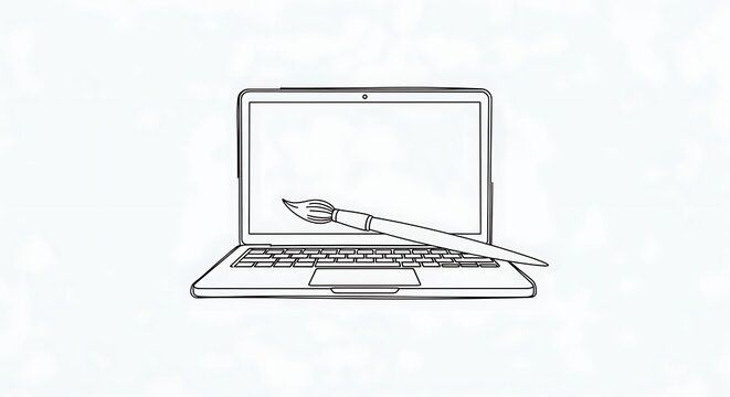 Minimalist line art illustration of a laptop with a paintbrush for digital art and creativity