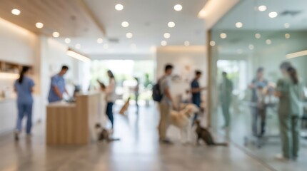 Fototapeta premium Blurred veterinary clinic lobby animal hospital reception area pet care medical facility interior background with staff and pets