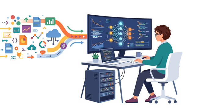 Professional Data Scientist Training an Advanced Artificial Intelligence Model on High Tech Computer