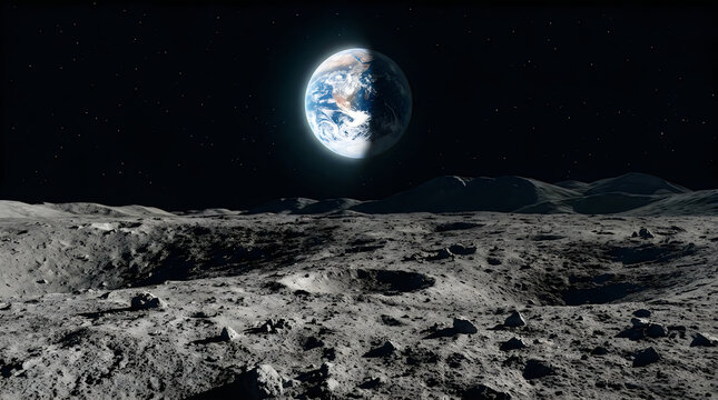View of the blue planet earth rising above the rocky dusty surface of the moon in dark outer space