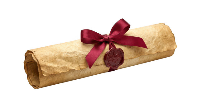 Old vintage paper scroll tied with a red ribbon and wax seal isolated on transparent background