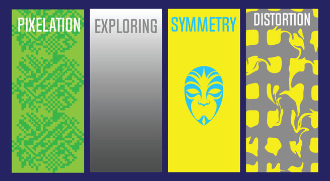 Four graphic design concepts with pixelation symmetry distortion