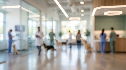 Fototapeta premium Blurred veterinary clinic animal hospital background pet care medical facility veterinarians with dogs interior professional healthcare service