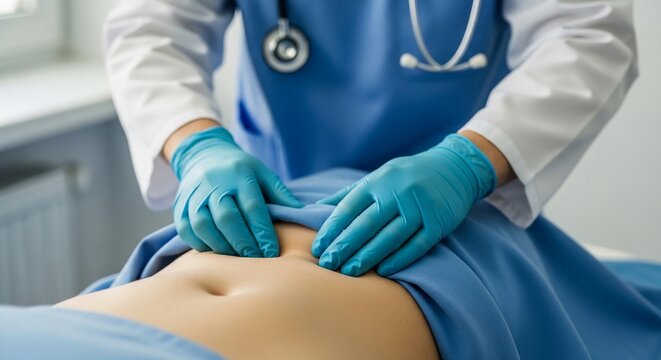 Doctor Performing Abdominal Examination with Stethoscope and Gloves