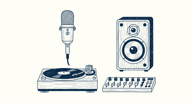 Vintage Music Equipment Hand Drawn Illustration with Vinyl Turntable Microphone Speaker and Mixer