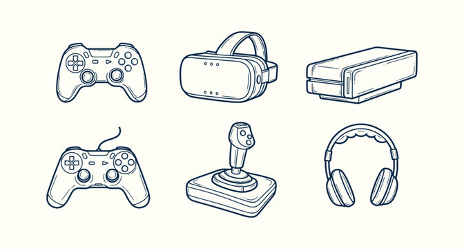 Hand drawn collection of video game hardware icons including controllers, VR goggles and headset.
