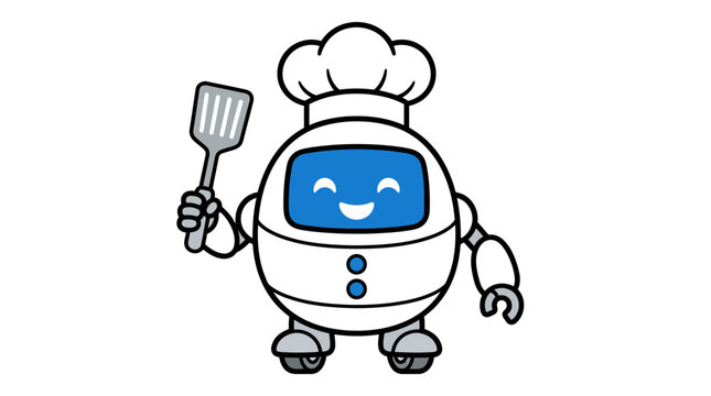 Cute robot chef character holding cooking spatula.