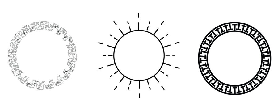 Circular ornament frame vector collection featuring decorative geometric borders, sunburst lines, and classic Greek key meander pattern.