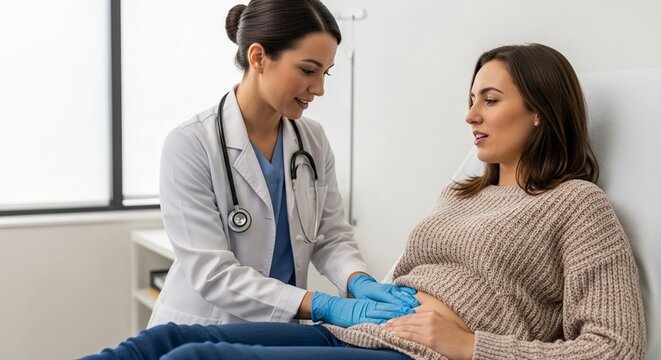 Female physician conducting abdominal examination on a patient in a medical setting