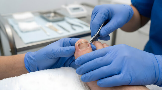 Close-up of a healthcare provider applying a specialized wire brace (orthonyxia) onto a patient's big toenail to correct an ingrown or involuted nail structure during a clinical podiatry treatment