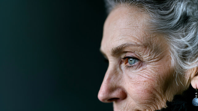 Close up portrait of thoughtful mature woman with gray hair in soft light