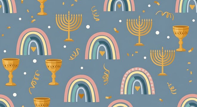 Happy hanukkah celebration background with menorahs rainbows and kiddush cups