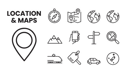 Fototapeta premium Location and maps icon set, minimalist travel navigation line icons, 12 black outline vector symbols for GPS tracking and tourism apps