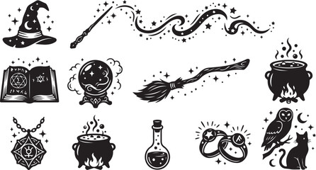 Black and white magic set featuring a wizard hat, magic wand with sparkles, spellbook, crystal ball, broomstick, bubbling cauldrons, potion bottle, occult jewelry, rings, owl, and cat © MdAbu