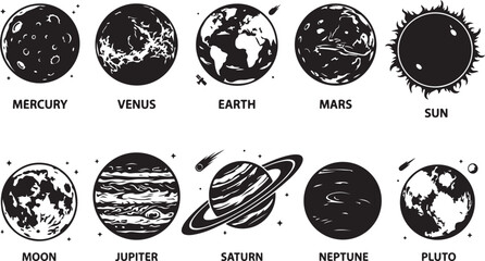 Black and white set of the solar system featuring mercury, venus, earth, mars, sun, moon, jupiter, saturn, neptune, and pluto with celestial labels in a clean, flat style © MdAbu