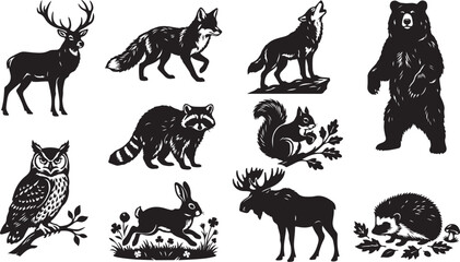 Obraz premium Black and white silhouette collection of north american forest animals including a deer, fox, howling wolf, standing bear, raccoon, squirrel, owl, rabbit, moose, and a small hedgehog on leaves