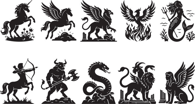 A collection of ten black silhouette featuring mythical creatures including a unicorn, pegasus, griffin, phoenix, mermaid, centaur, minotaur, serpent, chimera, and a winged sphinx figure