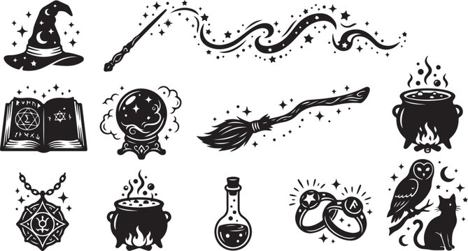 Black and white magic set featuring a wizard hat, magic wand with sparkles, spellbook, crystal ball, broomstick, bubbling cauldrons, potion bottle, occult jewelry, rings, owl, and cat