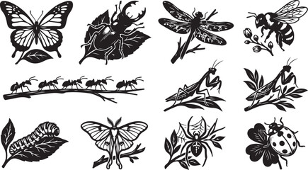 Set of black and white insect silhouettes featuring a butterfly, stag beetle, dragonfly, honeybee, line of ants, praying mantis, caterpillar, moth, spider on a web, and a spotted ladybug © MdAbu