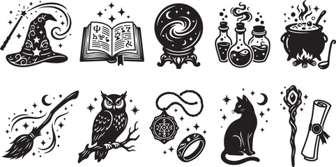 Set of black and white magic featuring a witch hat, spellbook, crystal ball, potion bottles, cauldron, broomstick, owl, occult pendant, black cat, and a wizard staff with a scroll © MdAbu