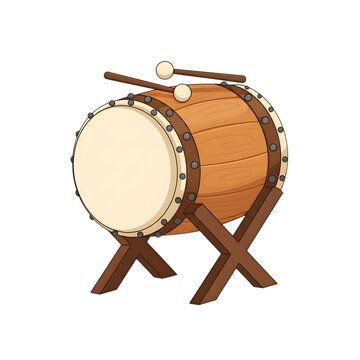 Traditional wooden bedug drum on a stand with drumsticks for Islamic cultural celebration vector art