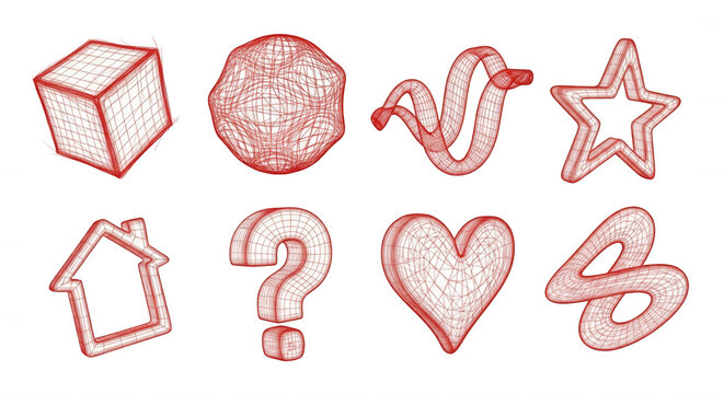 red wireframe geometric shapes on a white background suggesting design and illustration elements