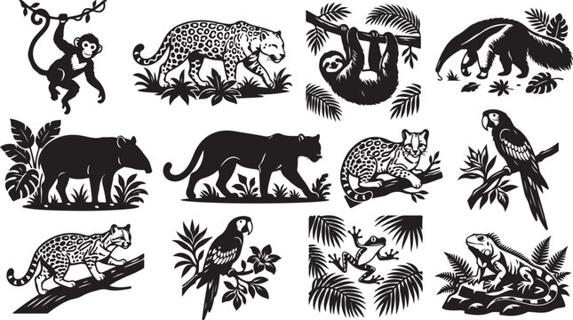 Set of black and white silhouette featuring tropical rainforest animals including a monkey, leopard, sloth, anteater, tapir, panther, ocelot, macaw parrot, tree frog, and iguana on foliage