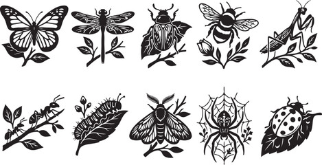 Set of ten black and white insect silhouettes, featuring a butterfly, dragonfly, beetle, bee, mantis, ant, caterpillar, moth, spider on a web, and ladybug perched on leaves and twigs © MdAbu