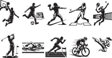 Set of ten black and white silhouettes depicting various sports including basketball, soccer, american football, baseball, tennis, golf, swimming, running, cycling, and martial arts karate kicking © MdAbu