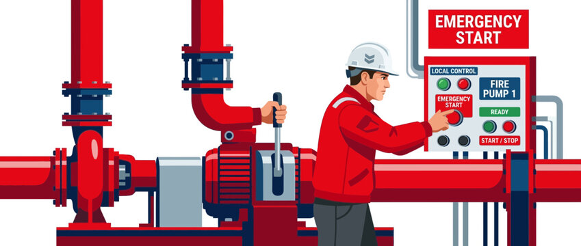 Firefighter activating emergency start button on fire pump control panel, industrial safety concept