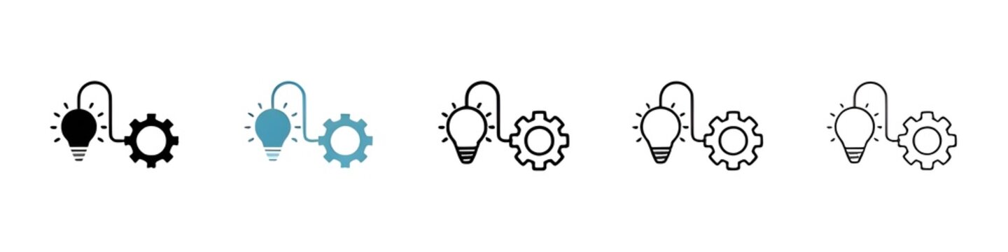 Implementation Vector Icon Set. Business execute technology with bulb and cogwheel gear vector symbol for Ui Designs. Thin line customizable illustration. Contour symbol. Vector. Editable stroke. Icon