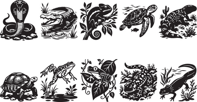 Set of ten black and white reptile and amphibian silhouettes featuring a cobra, crocodile, chameleon, sea turtle, gila monster, tortoise, frog, tree frog, salamander, and newt in nature