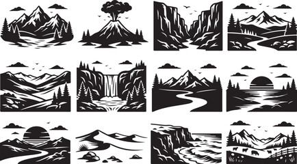Set of twelve black and white landscape featuring mountains, volcanoes, waterfalls, rivers, deserts, oceans, forests, sunset scenes, and rural pastures with grazing sheep © MdAbu