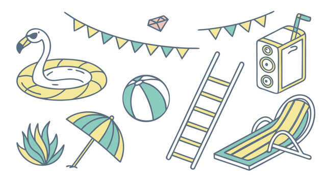 Summer Pool Party Line Art Icon Set with Flamingo Floatie Beach Ball and Deck Chair