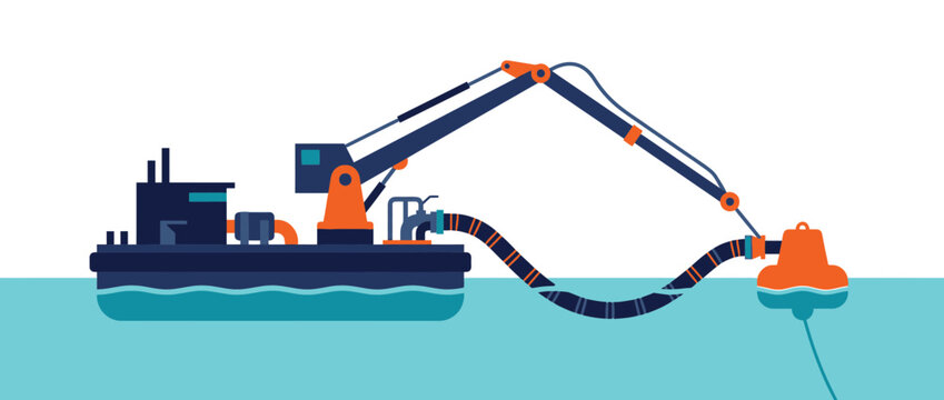 Dredging barge with excavator arm and flexible hose in blue water, vector illustration