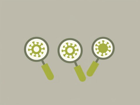 Three magnifying glasses highlighting virus particles on gray background