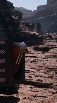 A large excavator is positioned on a rocky terrain. The machine is preparing to dig while surrounded by unusual rock formations under clear skies in daylight.