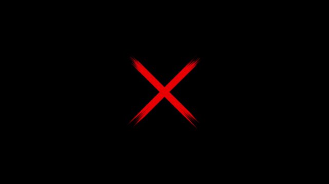 Red cross mark animation, 4k loopable paint cross with alpha channel. wrong mark animation, red x symbol motion graphic.