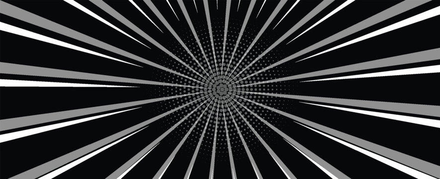 Abstract monochrome comic book style banner background featuring radial speedlines and a central halftone dots pattern on a black backdrop.