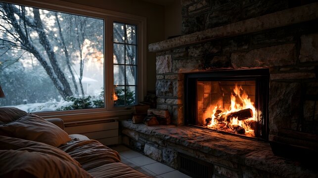 Cozy winter scene inside a cabin with stone fireplace burning brightly while snow falls outside large window