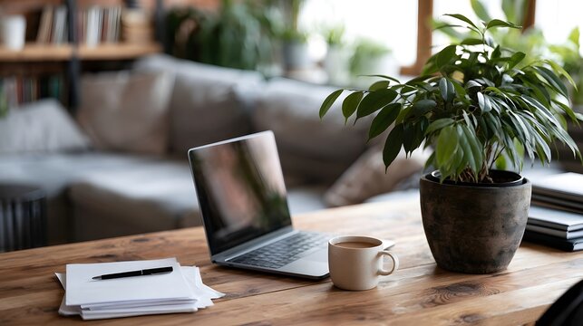 A cozy home office setup featuring a laptop  coffee cup  potted plant  and notepad on a wooden table near a sofa