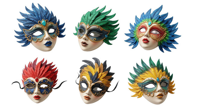 colorful carnival masks on white background decorative face coverings ready for celebration and party blank backdrop for design