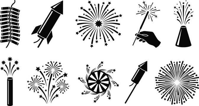 Fireworks and Pyrotechnic Silhouettes Collection Featuring Rockets, Sparklers, and Explosions